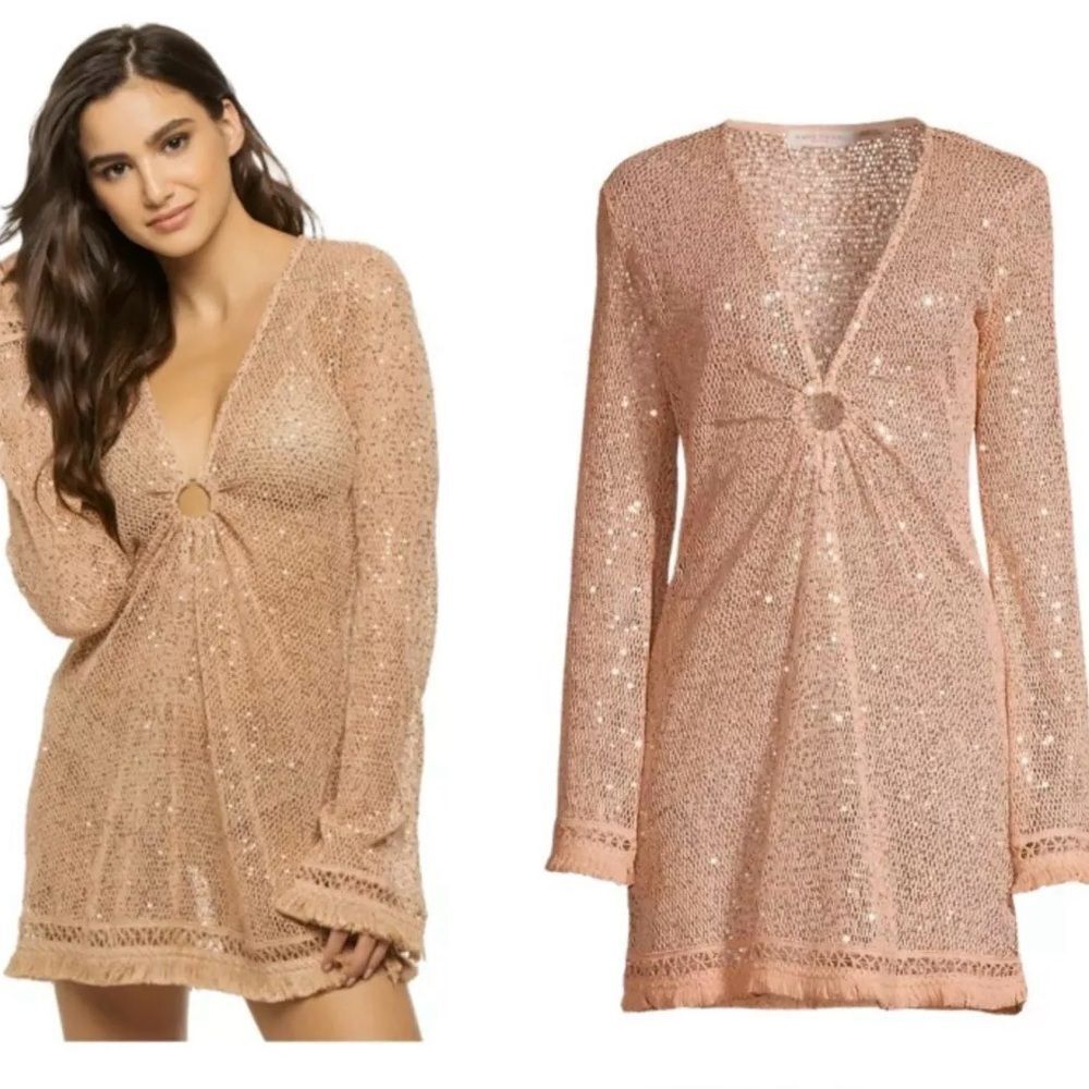 NWT house of harlow 1960 gold sequin dress cover up mini long sleeve web mesh XS
